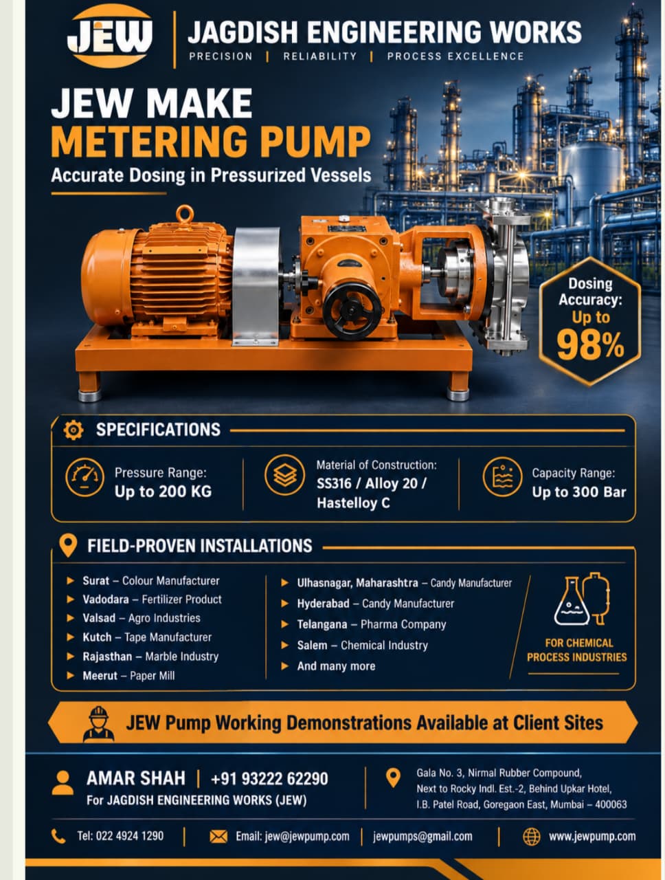 JEW Metering Pump accurate dosing up to 98% in pressurized vessels up to 200 KG pressure SS316 Alloy 20 Hastelloy C