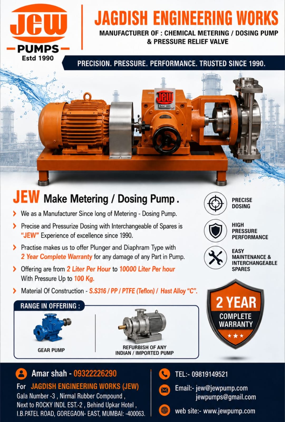 JEW Precision chemical metering dosing pump unit manufactured in Mumbai Works