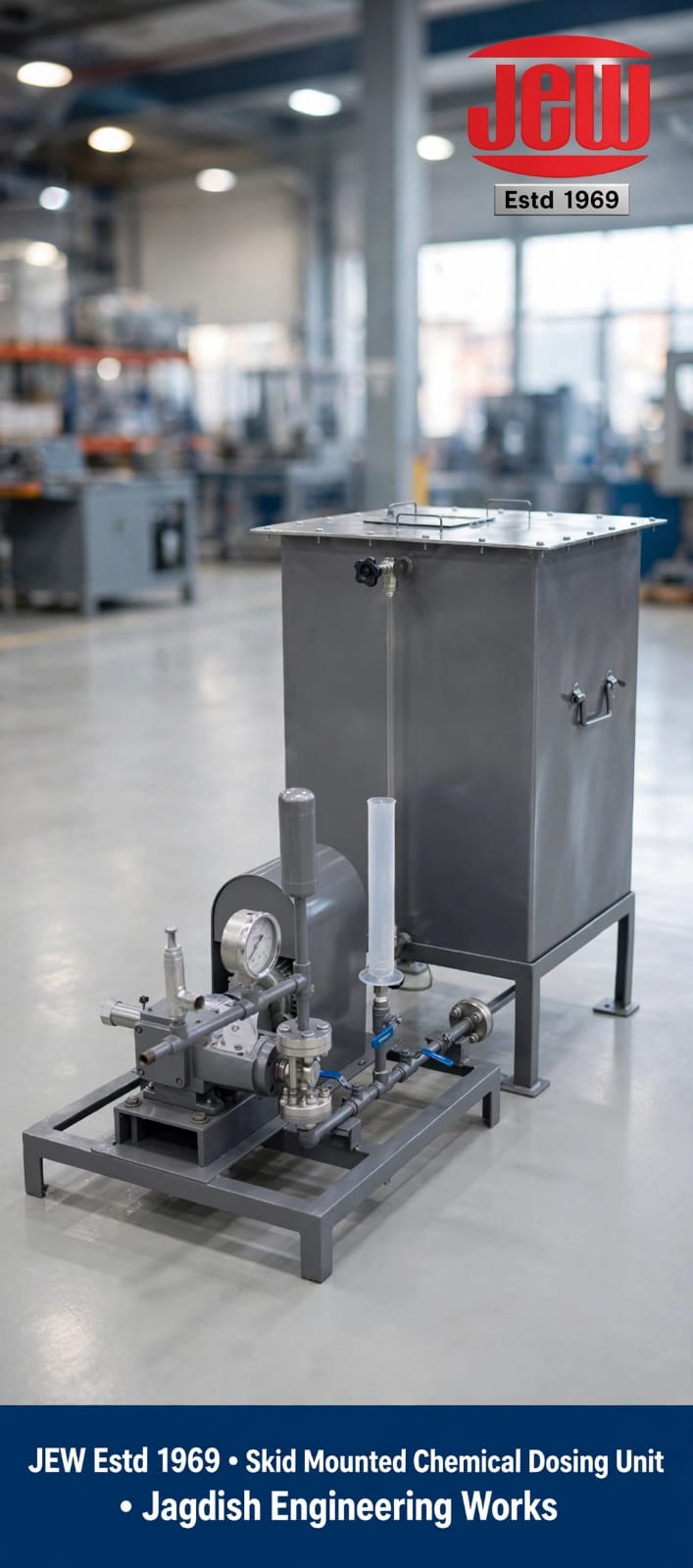 Turnkey skid mounted chemical dosing unit with SS storage tank, pulsation dampener, and metering pump